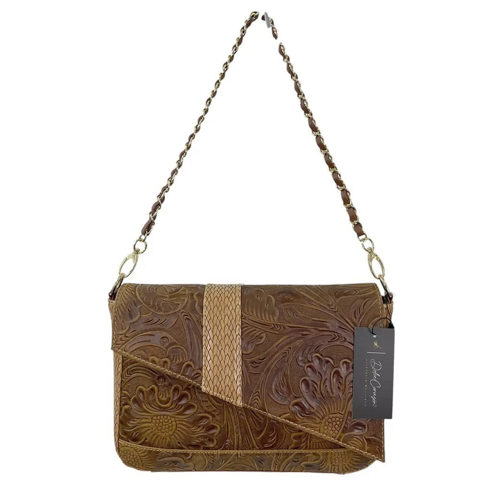 2 Straps Hazelnut Brown Embossed Tooled Artisan LEATHER Crossbody Purse Bolsa - Picture 4 of 16